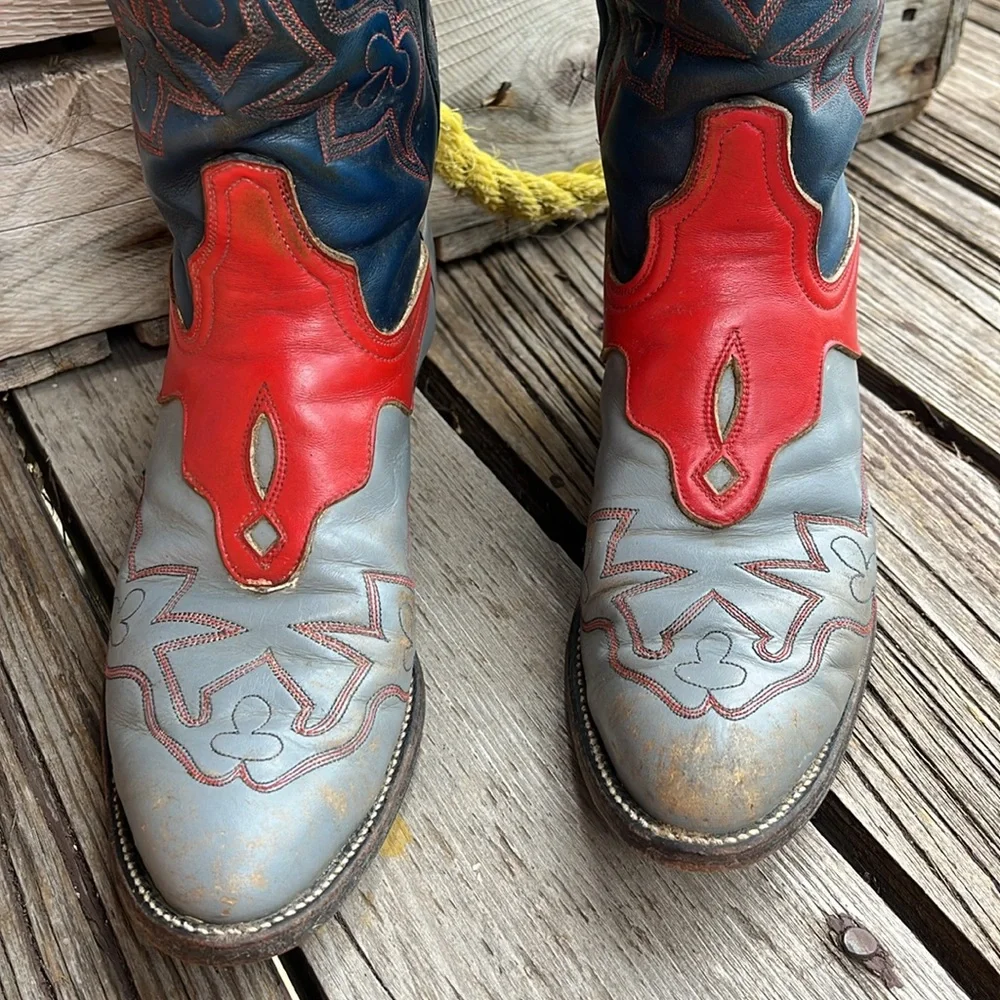 Vintage Laramie Handmade Western Boots Tri Color Red Blue Gray Leather Size 7 - Picture 12 of 17